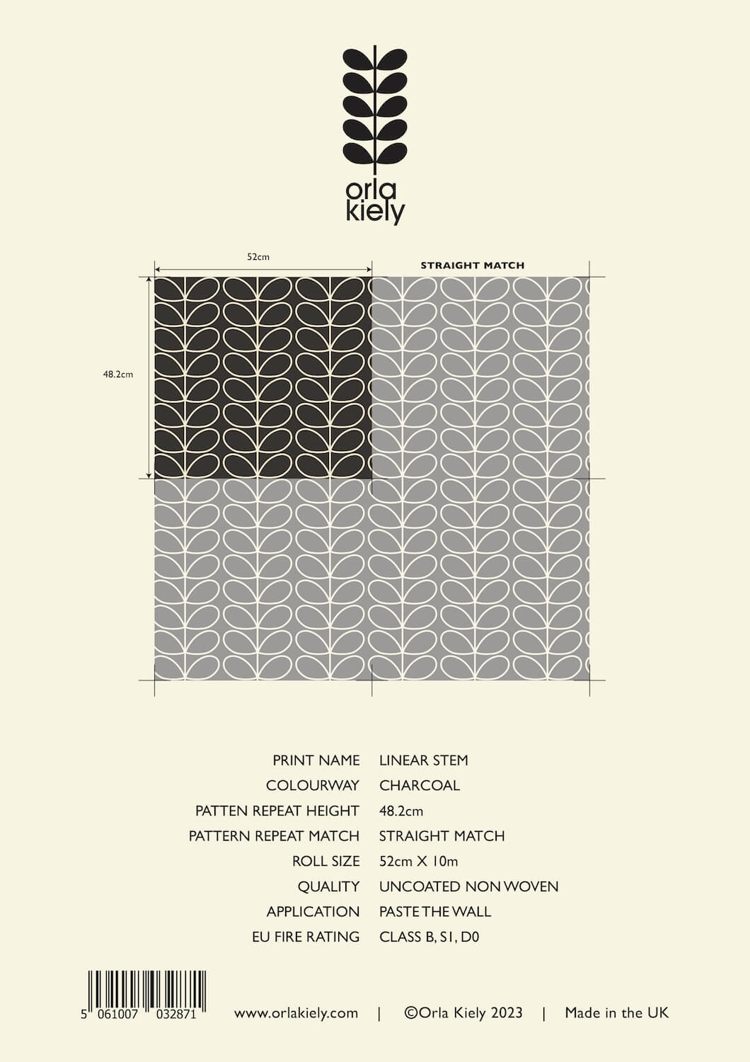 Linear Stem Charcoal Wallpaper in Grey Information by Orla Kiely
